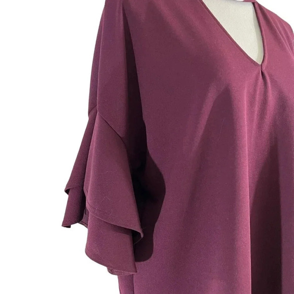 Blue Rain Burgundy Blouse Keyhole Neckline Flared Layered Ruffle Sleeves Large - Picture 4 of 9